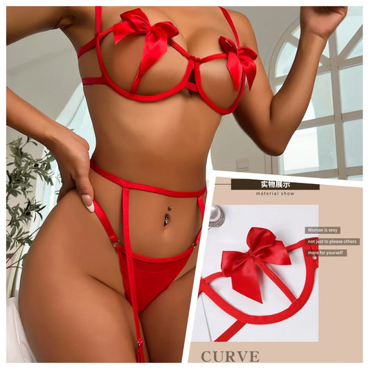 "Jeu de Rubans" – Ensemble lingerie ouvert avec armatures et jarretelles décor nœuds
