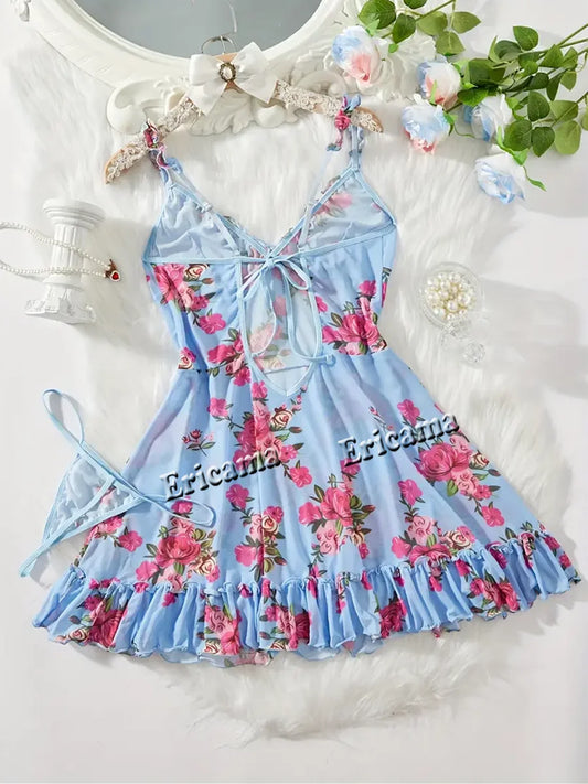 Lingerie "Bleuet Sauvage" – Ensemble Nuisette et String en Tulle Fleuri Bleu