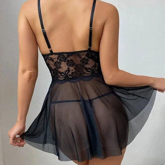 Nuisette Sexy Transparente Noire – Lingerie Babydoll avec Nœud et Décolleté Plongeant