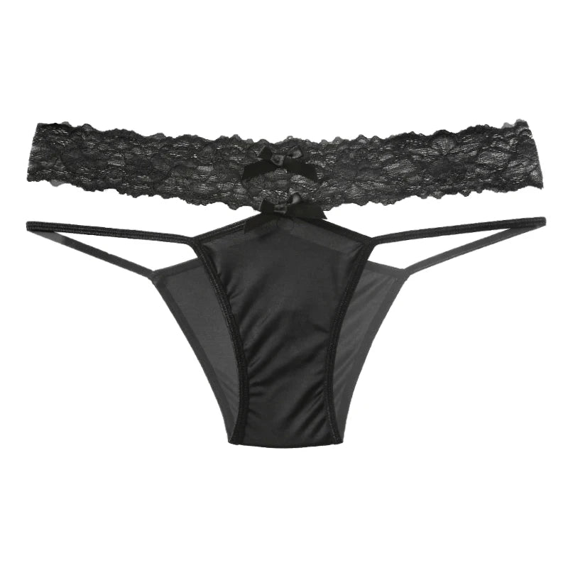 Culotte Satinée “Douce Tentation” – Lingerie Échancrée avec Nœud & Dentelle, CINOON