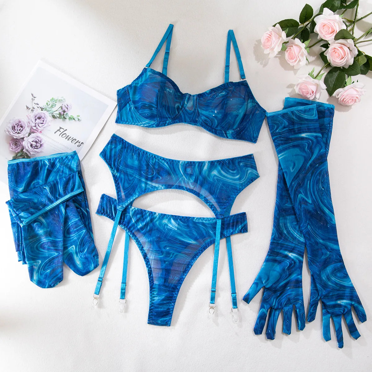 "Blue Flame" – Ensemble lingerie 5 pièces imprimé flamme avec gants & jambières