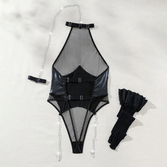 "Chain Reaction" – Body résille noir avec chaînes, effet cuir et coupe push-up