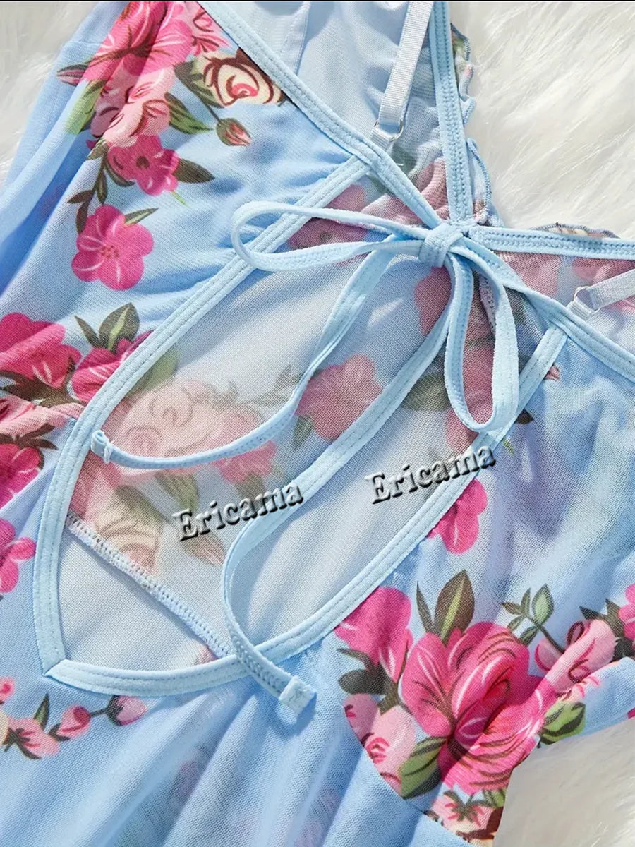 Lingerie "Bleuet Sauvage" – Ensemble Nuisette et String en Tulle Fleuri Bleu
