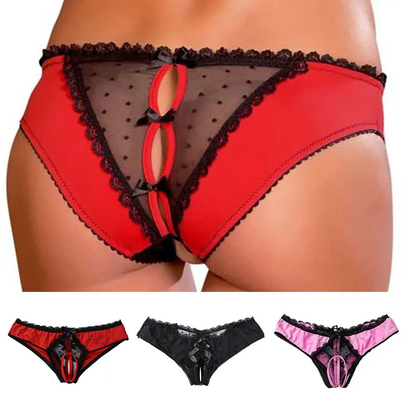Culotte Sexy Ouverte – Dentelle Florale & Effet Patchwork