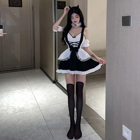 Costume Lingerie Sexy de Soubrette – Ensemble Cosplay Dentelle Noire & Blanche (Set A ou B)