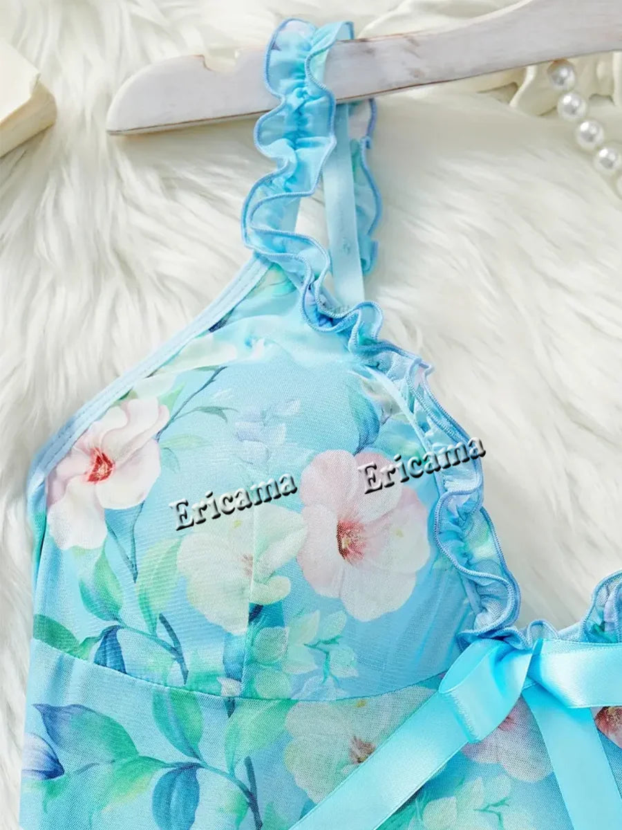 Lingerie "Bleuet Sauvage" – Ensemble Nuisette et String en Tulle Fleuri Bleu