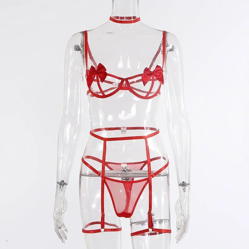 "Jeu de Rubans" – Ensemble lingerie ouvert avec armatures et jarretelles décor nœuds