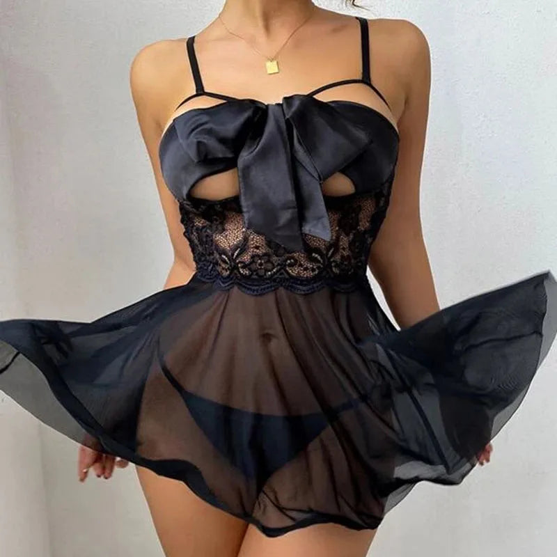 Nuisette Sexy Transparente Noire – Lingerie Babydoll avec Nœud et Décolleté Plongeant