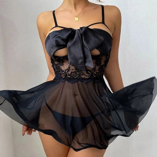 Nuisette Sexy Transparente Noire – Lingerie Babydoll avec Nœud et Décolleté Plongeant
