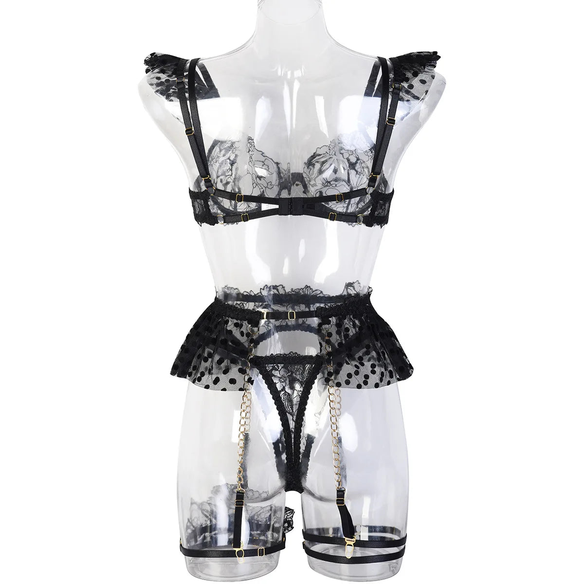 “Étreinte Nocturne – Ensemble lingerie brodée avec soutien-gorge transparent et string chaîne”