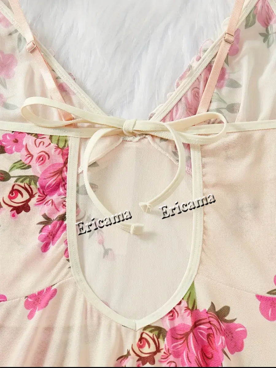 Lingerie "Bleuet Sauvage" – Ensemble Nuisette et String en Tulle Fleuri Bleu