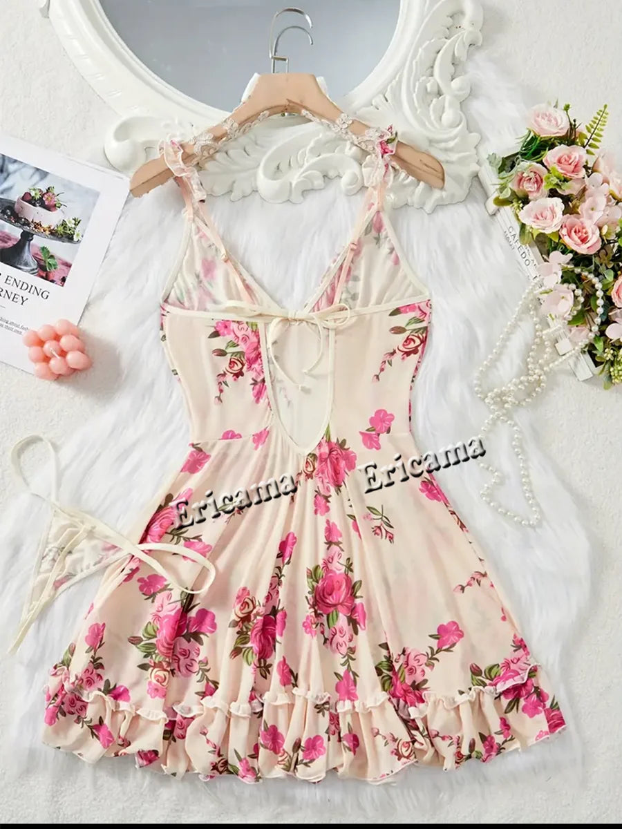 Lingerie "Bleuet Sauvage" – Ensemble Nuisette et String en Tulle Fleuri Bleu