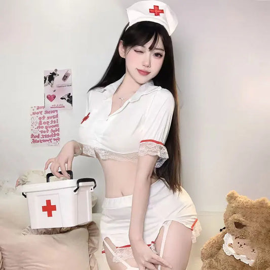 Déguisement Sexy Infirmière Japonaise – Ensemble 3 pièces avec Mini-Jupe & Serre-Tête