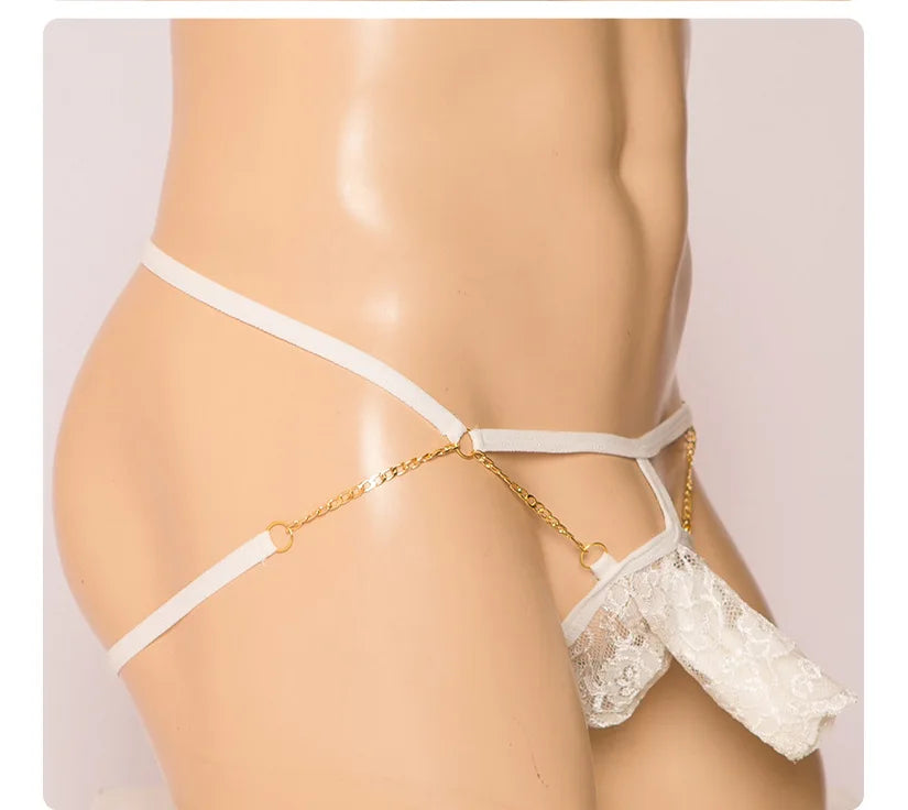 String Érotique Homme avec Anneau Intégré – Lingerie Transparente en Dentelle avec Chaîne Métallique