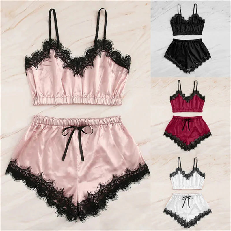 "Velvet Dreams – Lot de 5 ensembles pyjama satinés à dentelle pour nuits sensuelles"