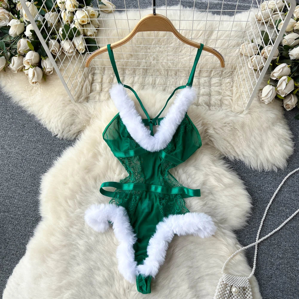 Body Sexy Noël – Lingerie Rouge V Profond avec Fourrure Blanche et Lien au Dos