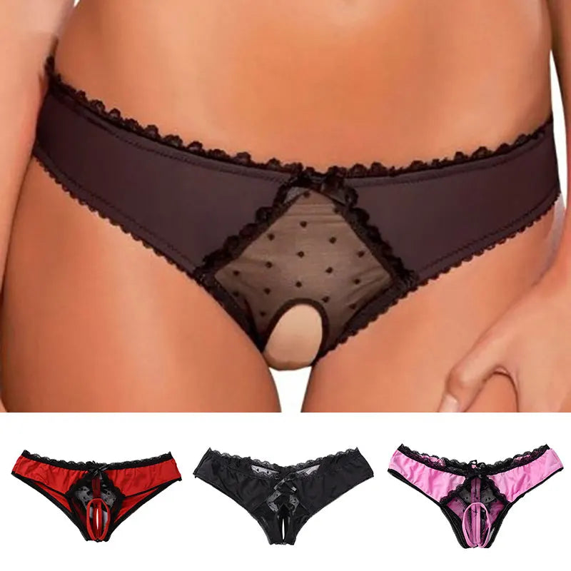 Culotte Sexy Ouverte – Dentelle Florale & Effet Patchwork