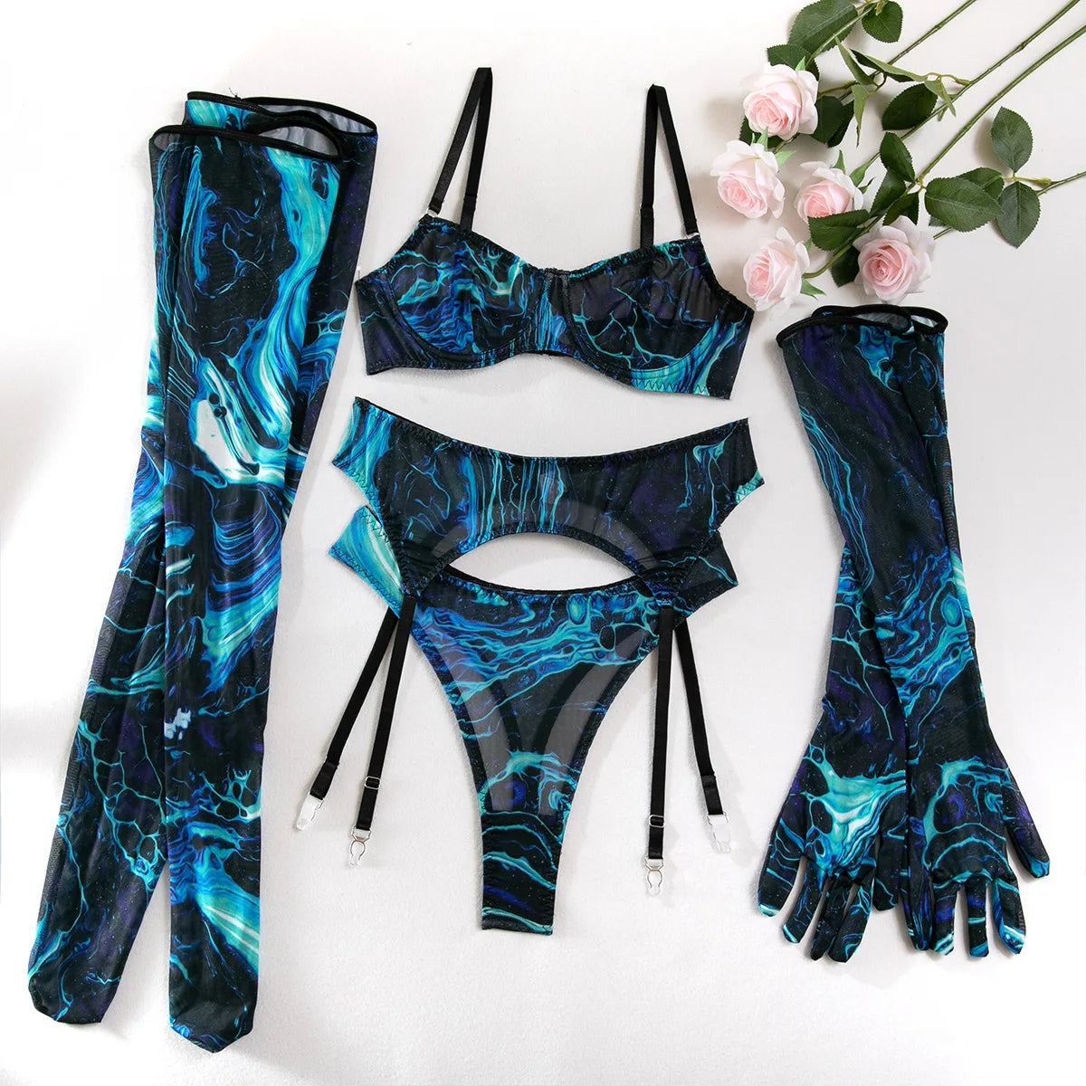 "Blue Flame" – Ensemble lingerie 5 pièces imprimé flamme avec gants & jambières