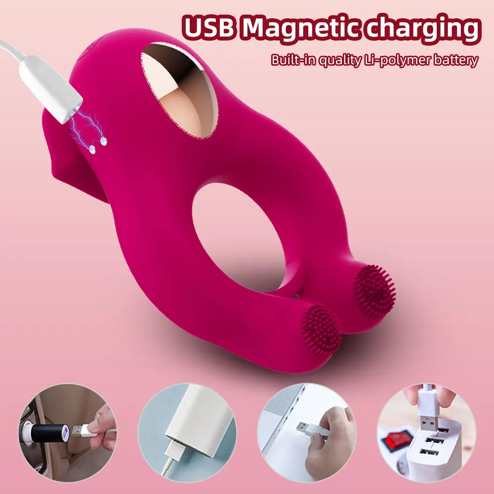 Cockring Vibrant avec Stimulateur Clitoridien à Langue Léchante – Anneau Pénien Retardateur d'Éjaculation | Sextoy Mixte pour Couple