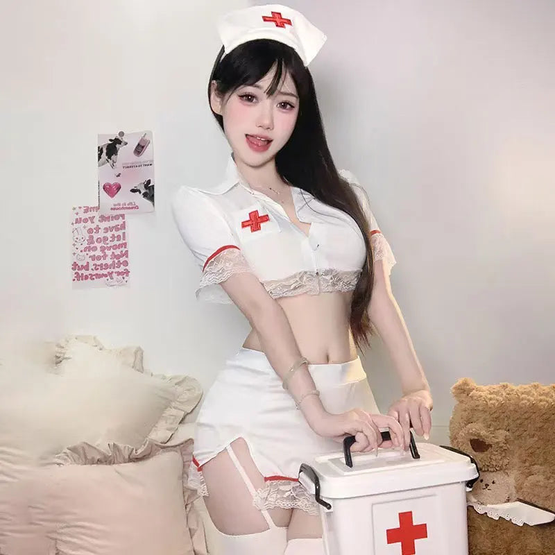 Déguisement Sexy Infirmière Japonaise – Ensemble 3 pièces avec Mini-Jupe & Serre-Tête