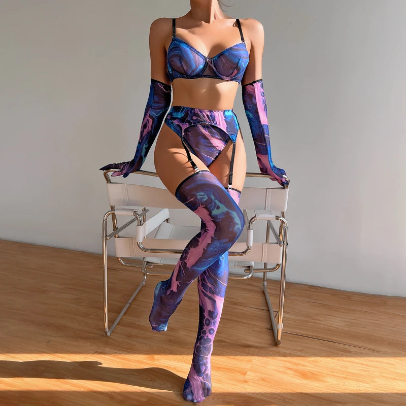 "Blue Flame" – Ensemble lingerie 5 pièces imprimé flamme avec gants & jambières