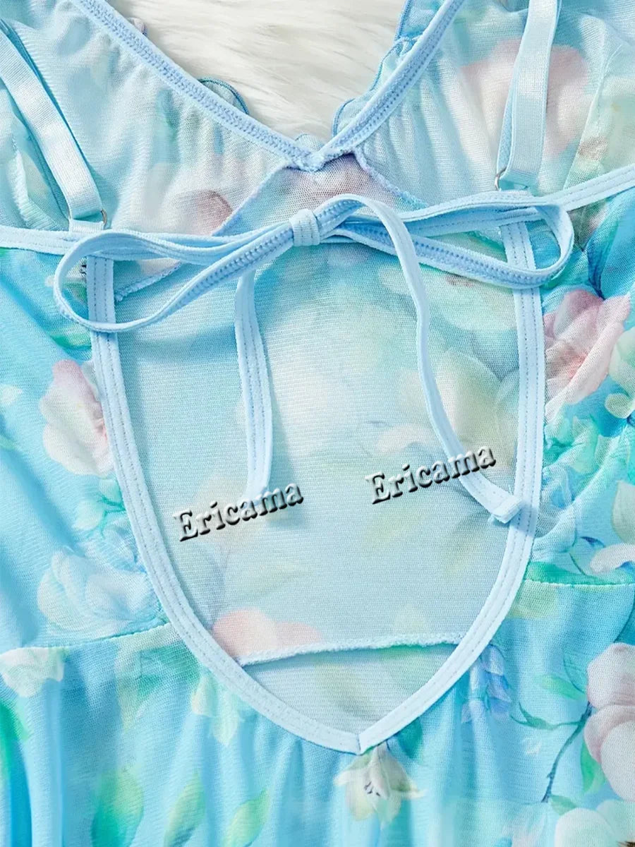 Lingerie "Bleuet Sauvage" – Ensemble Nuisette et String en Tulle Fleuri Bleu