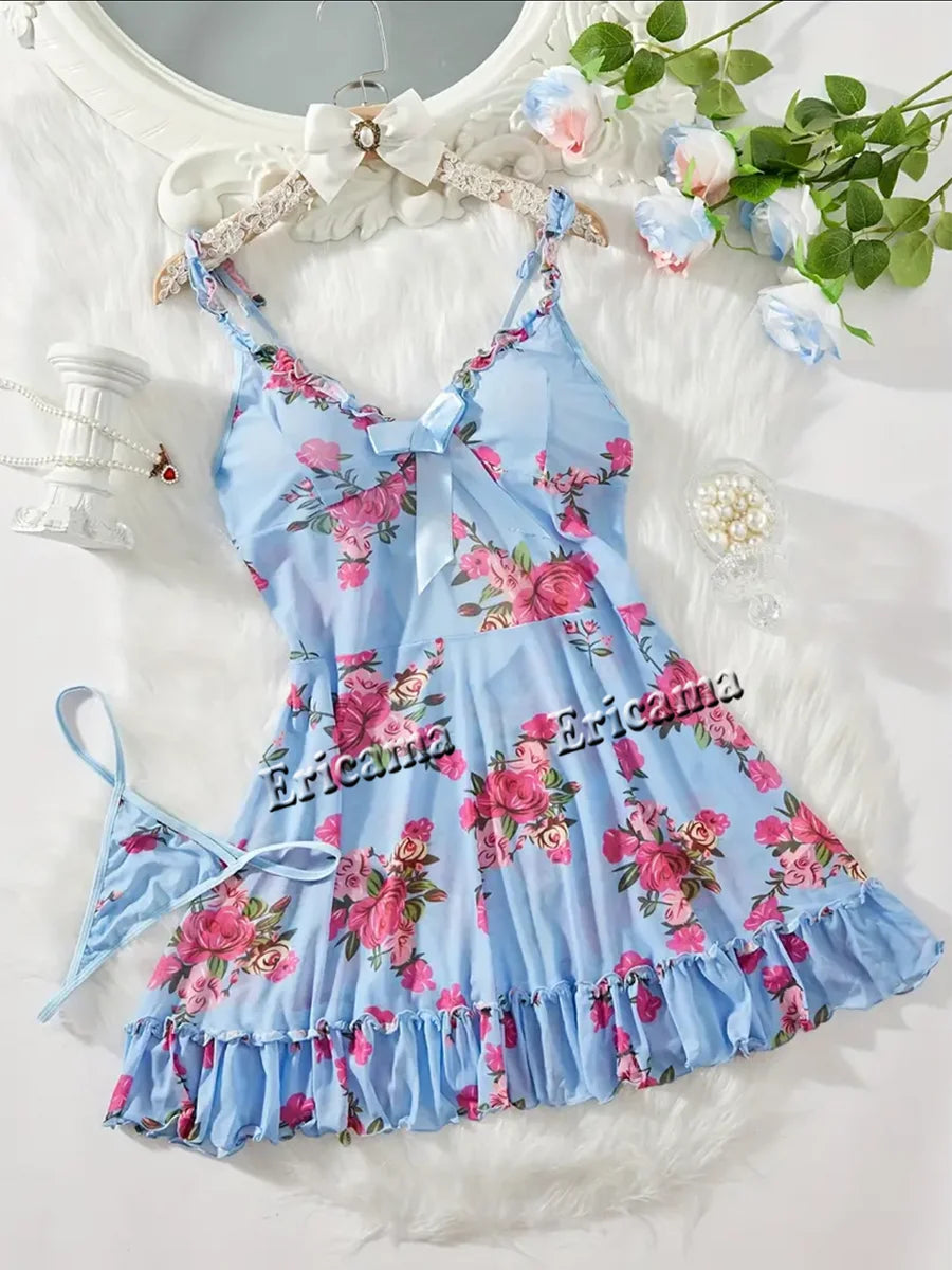 Lingerie "Bleuet Sauvage" – Ensemble Nuisette et String en Tulle Fleuri Bleu