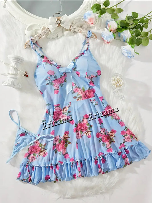 Lingerie "Bleuet Sauvage" – Ensemble Nuisette et String en Tulle Fleuri Bleu