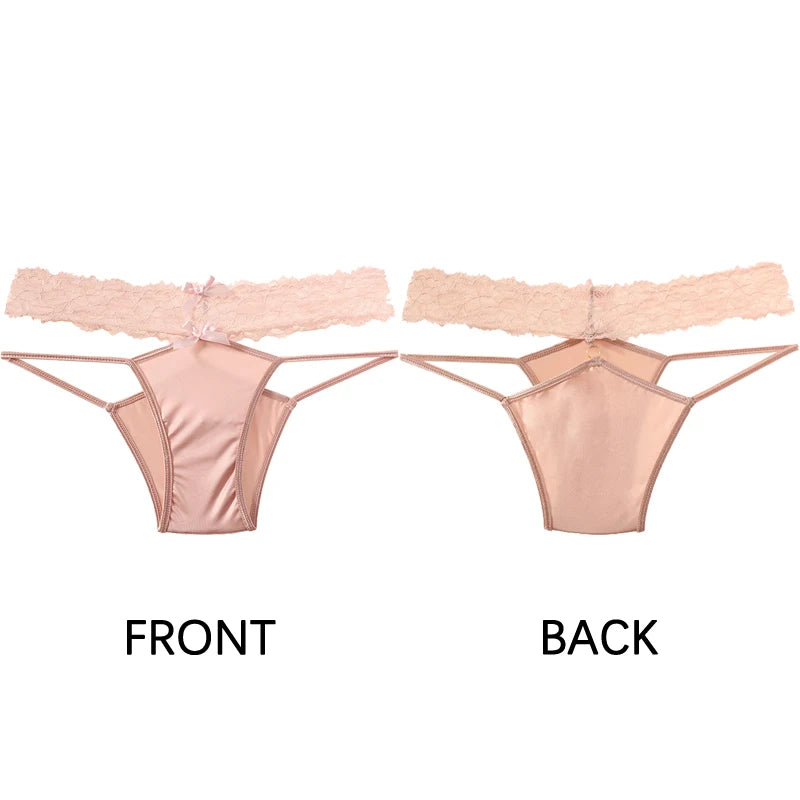 Culotte Satinée “Douce Tentation” – Lingerie Échancrée avec Nœud & Dentelle, CINOON