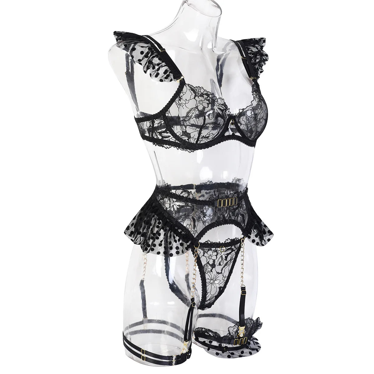 “Étreinte Nocturne – Ensemble lingerie brodée avec soutien-gorge transparent et string chaîne”