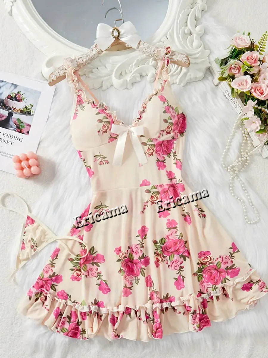 Lingerie "Bleuet Sauvage" – Ensemble Nuisette et String en Tulle Fleuri Bleu