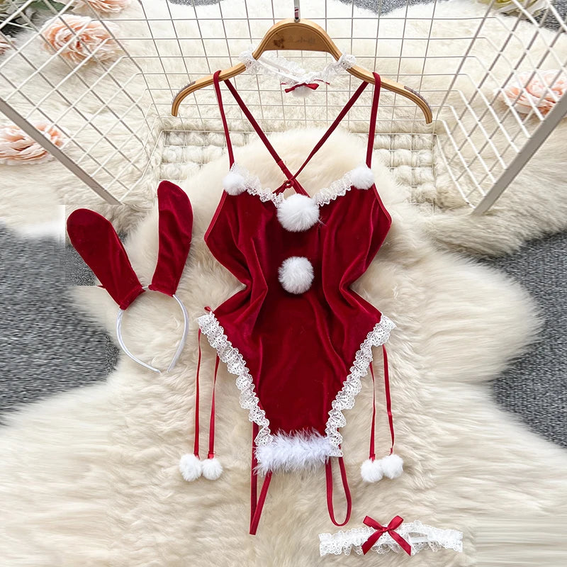 Body Sexy Noël – Lingerie Rouge V Profond avec Fourrure Blanche et Lien au Dos