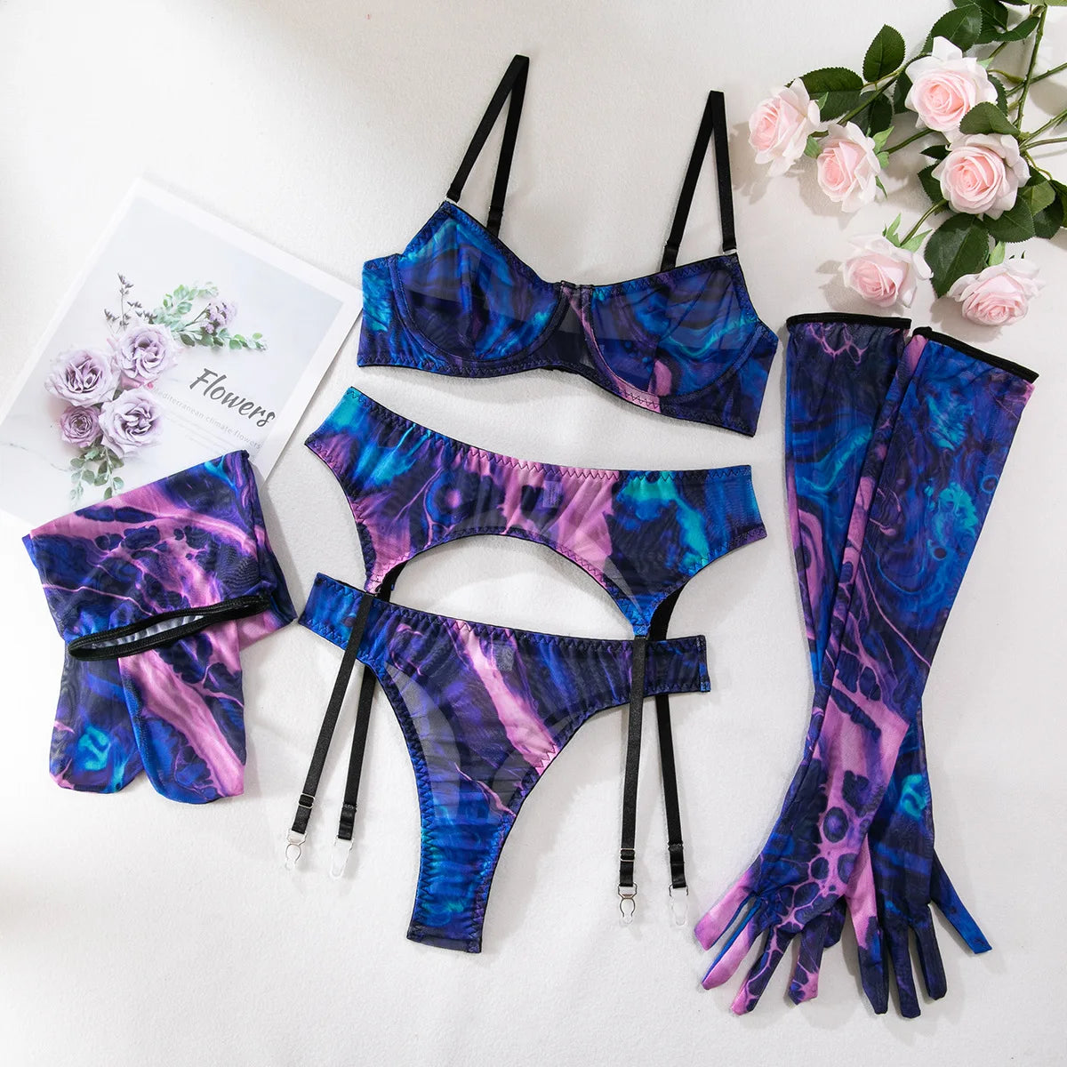 "Blue Flame" – Ensemble lingerie 5 pièces imprimé flamme avec gants & jambières