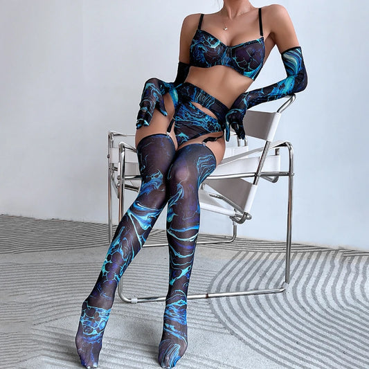 "Blue Flame" – Ensemble lingerie 5 pièces imprimé flamme avec gants & jambières