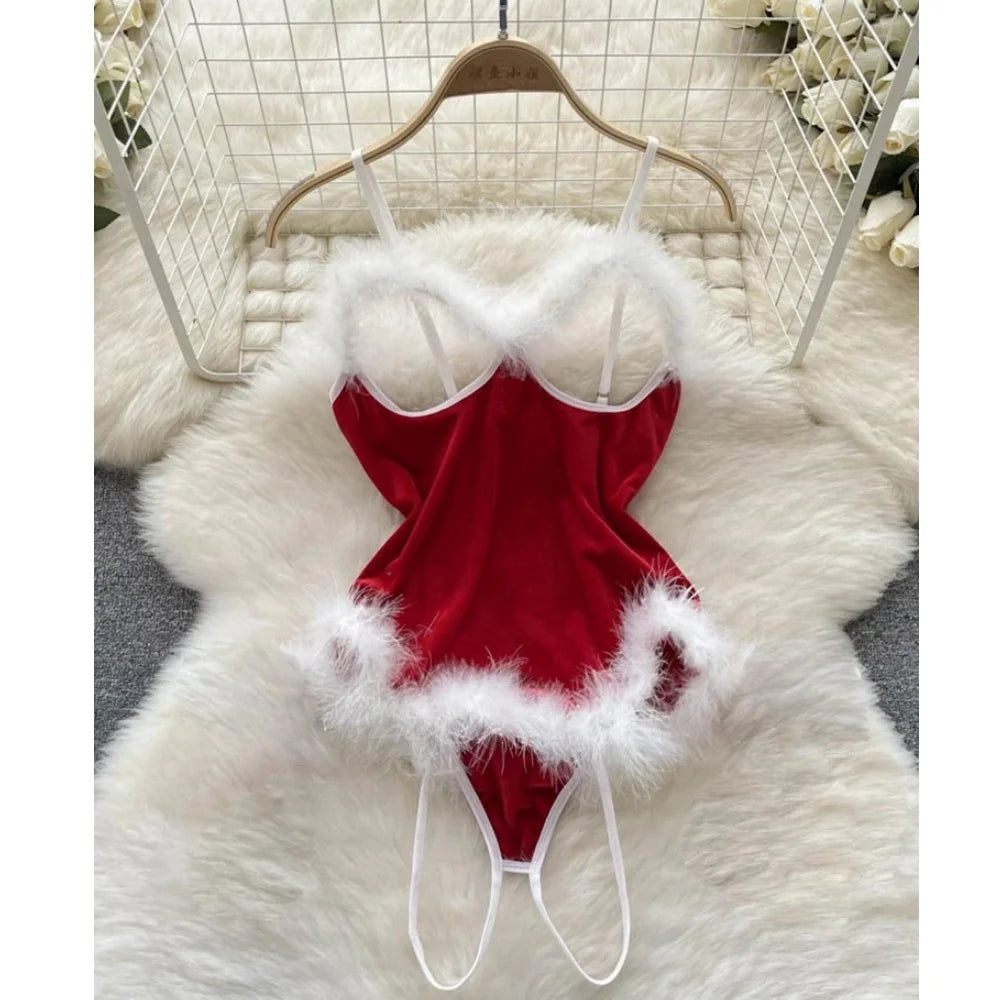 Body Sexy Noël – Lingerie Rouge V Profond avec Fourrure Blanche et Lien au Dos