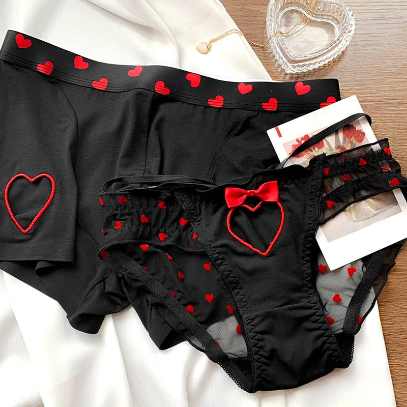 Duo de lingerie ludique – Ensemble de sous-vêtements sexy pour couples avec dentelle et cœurs rouges