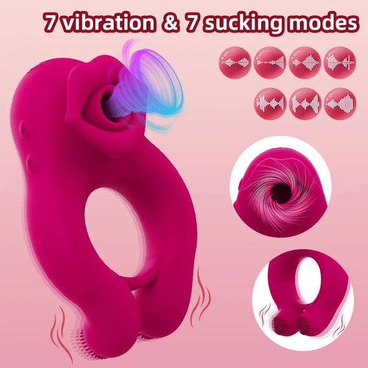 Cockring Vibrant avec Stimulateur Clitoridien à Langue Léchante – Anneau Pénien Retardateur d'Éjaculation | Sextoy Mixte pour Couple
