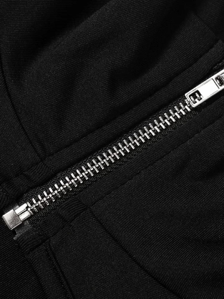 Bodysuit “Black Feral” – Body Sexy à Manches Longues, Col Zippé & Découpes Ajourées, Style Y2K