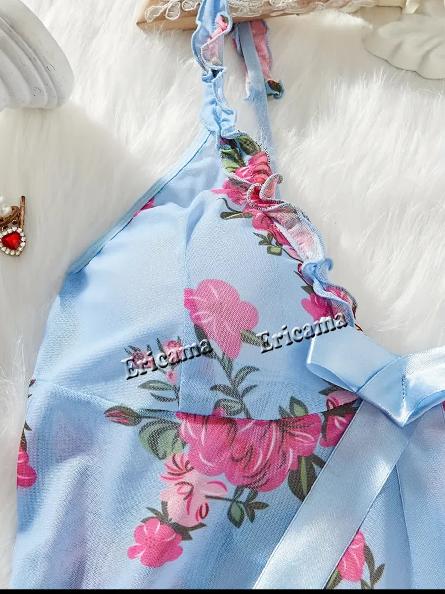 Lingerie "Bleuet Sauvage" – Ensemble Nuisette et String en Tulle Fleuri Bleu