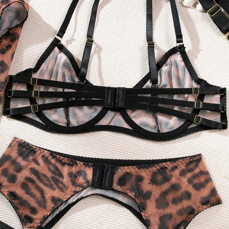 Ensemble Lingerie Léopard “Instinct Sauvage” – 6 pièces Push-Up, Bas & Accessoires