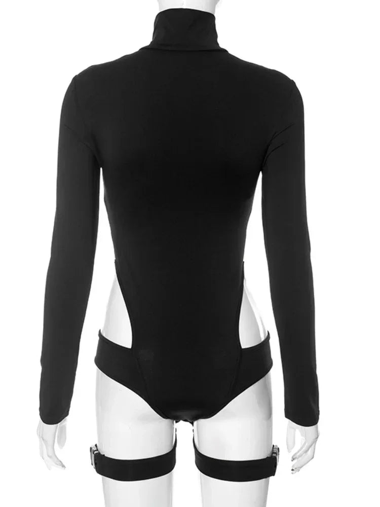 Bodysuit “Black Feral” – Body Sexy à Manches Longues, Col Zippé & Découpes Ajourées, Style Y2K