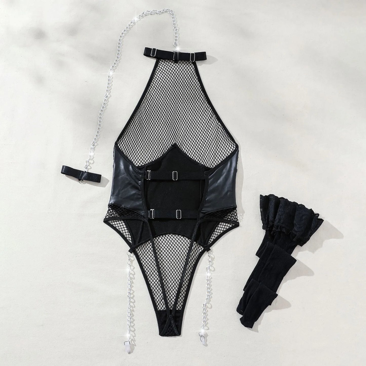 "Chain Reaction" – Body résille noir avec chaînes, effet cuir et coupe push-up