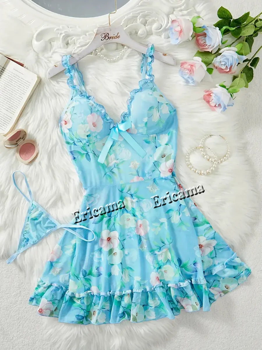 Lingerie "Bleuet Sauvage" – Ensemble Nuisette et String en Tulle Fleuri Bleu